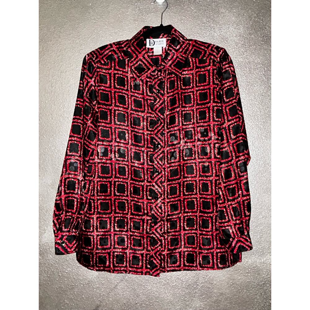 DR Da Rue of California Vintage Preppy Academia Black Red White Squares Blouse